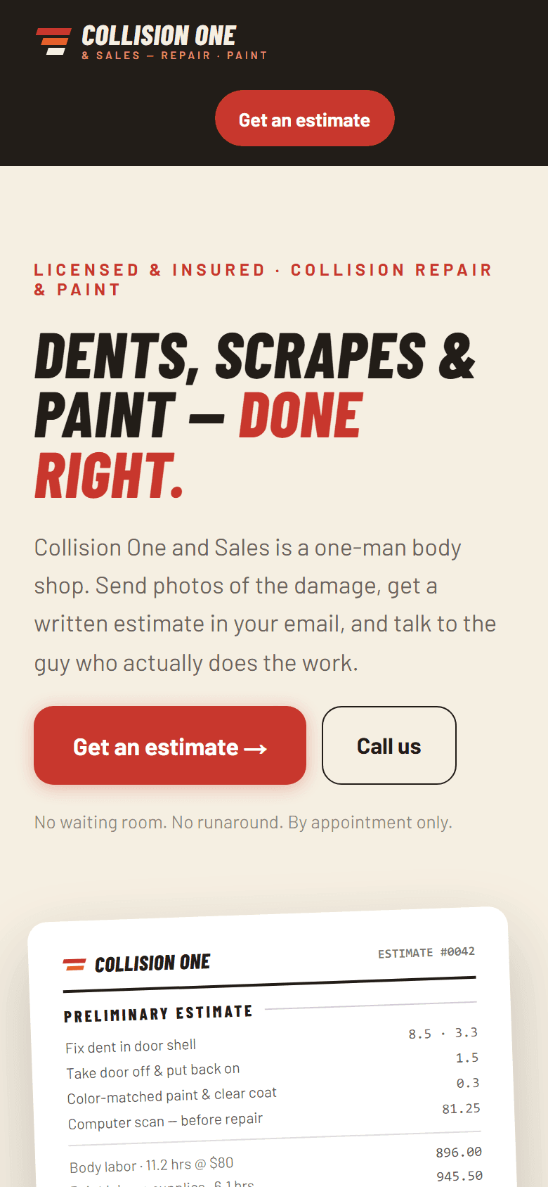 Collision One and Sales home page on a phone: the headline, the Get an estimate and Call us buttons.