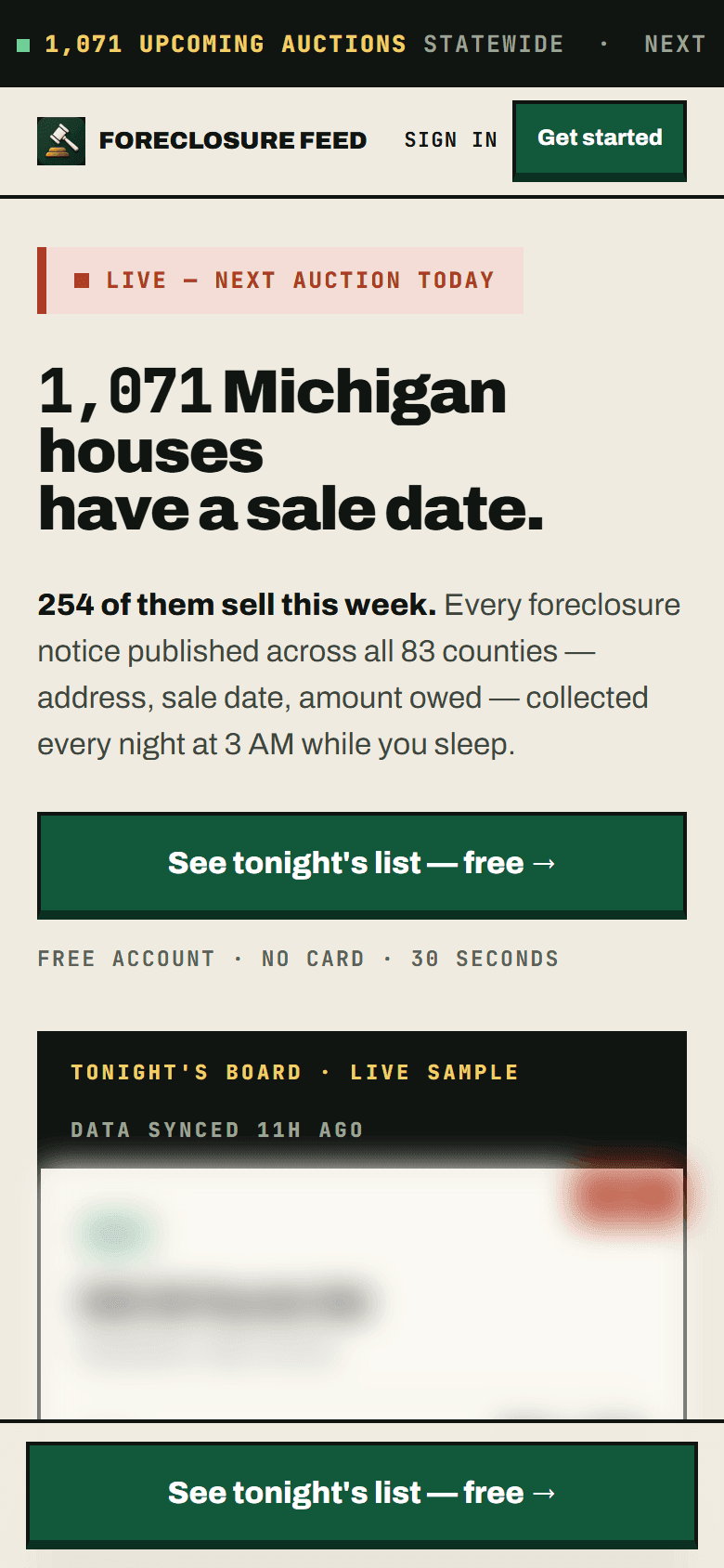 Foreclosure Feed home page on a phone: the headline, the free sign up button and the top of the sample board, blurred.