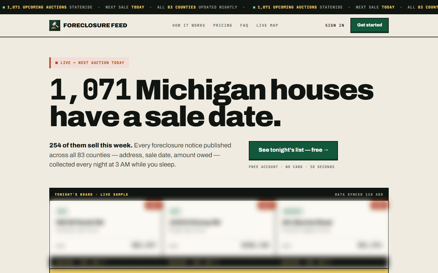 Foreclosure Feed home page on a computer: the headline about Michigan houses with a sale date, a See tonight's list button and a sample board with the listings blurred.