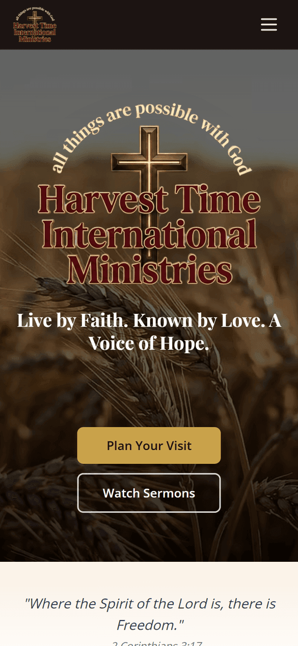 Harvest Time International Ministries home page on a phone: the church logo, the welcome line and the two buttons.