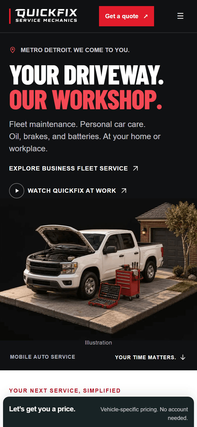 QuickFix Service Mechanics home page on a phone: the headline, the fleet service link and the truck illustration.